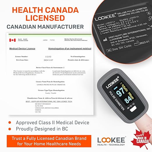 LOOKEE LK50D1 Deluxe Fingertip Pulse Oximeter - Finger SpO2 Blood Oxygen Saturation Monitor with Auto Rotate OLED Display Plethysmograph Waveform & Pulse Graph - Batteries Included