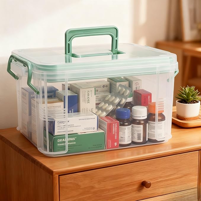 Clear Medicine Organizer Storage Box with Tray and Handle,Plastic First Aid Box with Weekly (7-Day) Daily Pill Case,College Medicine Kit for Dorm,Medication Storage Containers