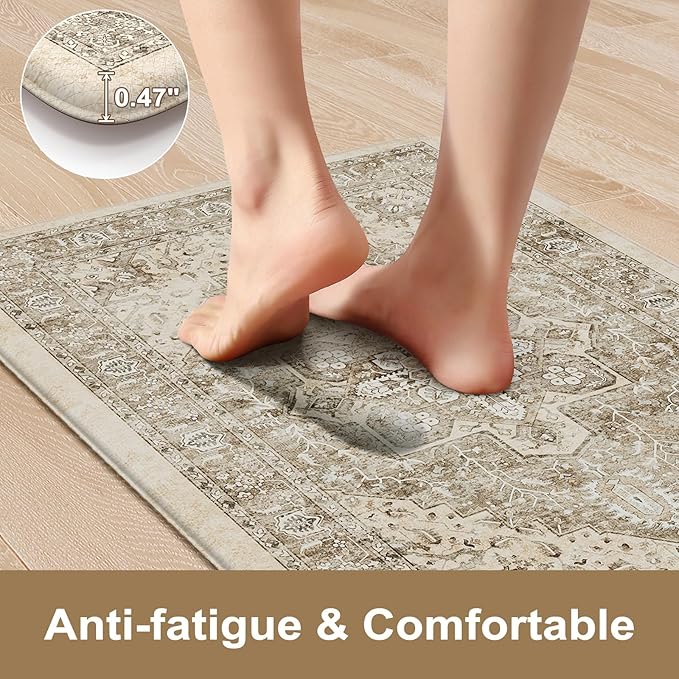 KIMODE Anti Fatigue Kitchen Mats 20"x71"+20"x32", Boho Distressed Kitchen Rugs Sets of 2, Non Slip Waterproof Kitchen Floor Mats, Memory Foam Kitchen Mat for Sink Laundry Desk Bedroom Khaki