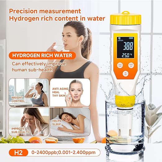 Hydrogen Water Tester,PH Meter 7 in 1 H2/TDS/EC/ORP/Salt/Temp with ATC & Backlight,Hydrogen Water Tester for Filtered Water, TDS Meter for Juice,Coffee,Your Plants.