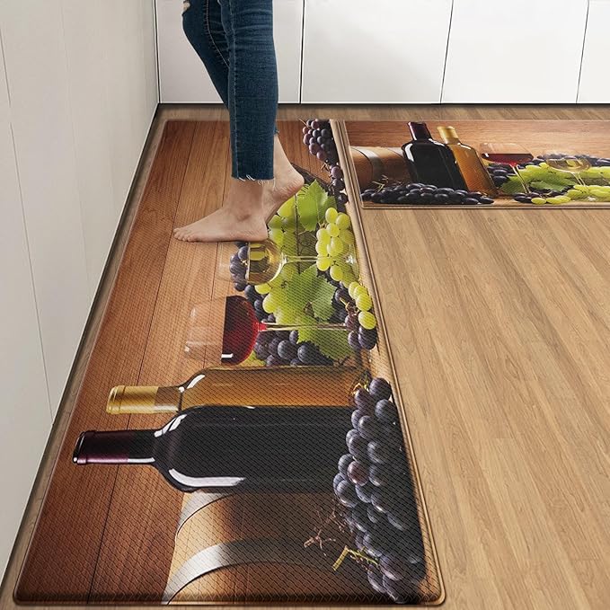 Arttown Red Rose Wine Wooden Anti-Fatigue Kitchen Rug Set of 2 Fruit Summer Green Cushioned Floor Standing Mat Waterproof Non-Slip Kitchen Mat and PVC Ergonomic Comfort Foam Rug