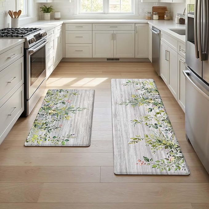 Kitchen Rug Mats for Floor Cushioned Anti Fatigue Green Eucalyptus Kitchen Rugs Sets of 2 Farmhouse Non Slip Waterproof Comfort Memory Foam Standing Floor Mat for Office Laundry Sink Desk