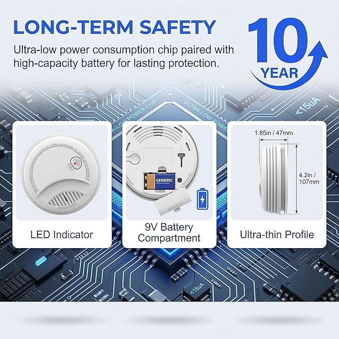 6 Pack Photoelectric Smoke Detector with 9V Battery Included Smoke Alarm, 10-Year Sensor, Test/Silence Button, Low Battery Warning, Easy Mount, Fire Alarm for Home Bedroom Living Room