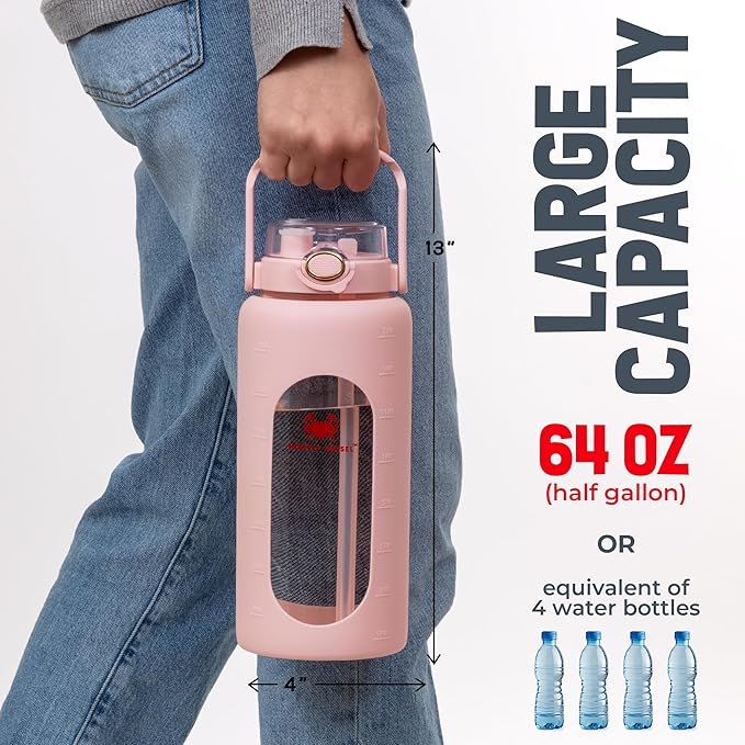 64 Oz Water Bottle with Time Marker & Straw - Pink Pregnancy 2 Liter Glass Water Bottles with Measurements - Daily intake bottle - Leakproof Borosilicate jug