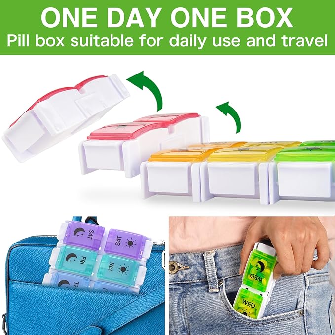 DailyRest Pill Organizer 2 Times a Day, 1 Pack Day Night Pill Case, Detachable Push Button Design, Large Compartment Weekly 7 Day Pill Box, Medicine Organizer for Fish Oil/Vitamins/Supplements