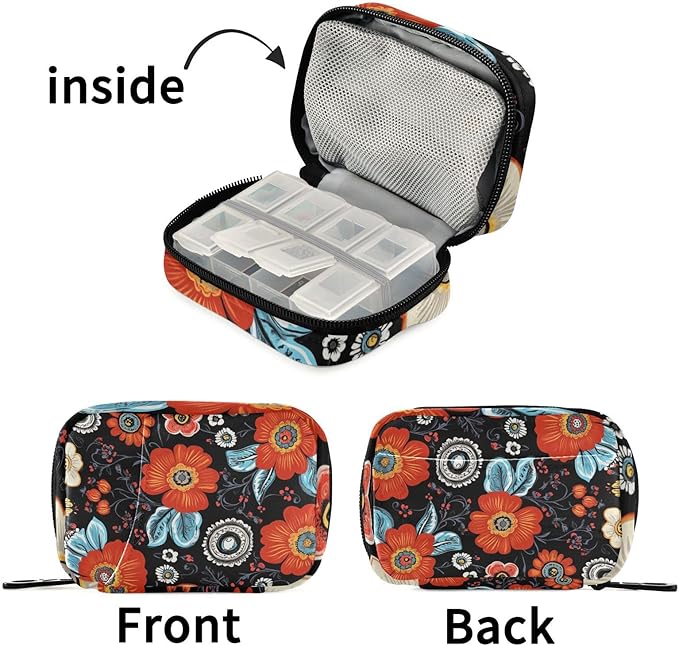 Black Poppy Paisley Travel Pill Organizer Case Box Container Weekly Portable Vitamin Medicine Holder Storage Bag with Zipper Removable