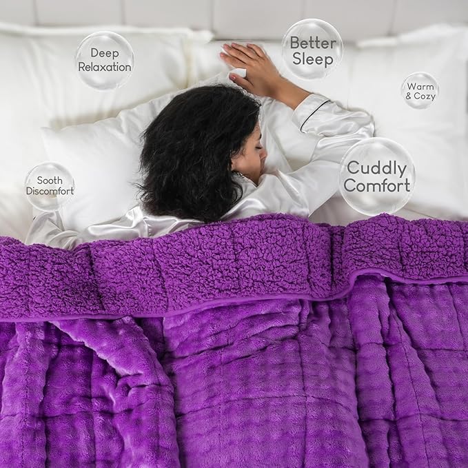 Cottonblue Weighted Blanket 15lbs Bubble Fleece Plush Sherpa Heavy Weighted Blankets for Adults, Fits Queen Size Bed, Cute Fuzzy Warm Heavy Blanket for Calm and Better Sleep, 60"x80", Purple