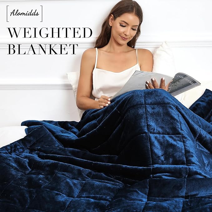Alomidds Weighted Blanket Queen Size 15lbs 60x80 inches, Sherpa Weighted Blankets for Adults,Fluffy Warm Sherpa & Cozy Soft Flannel Thick Heavy Blanket for All-Season with Glass Beads, Navy