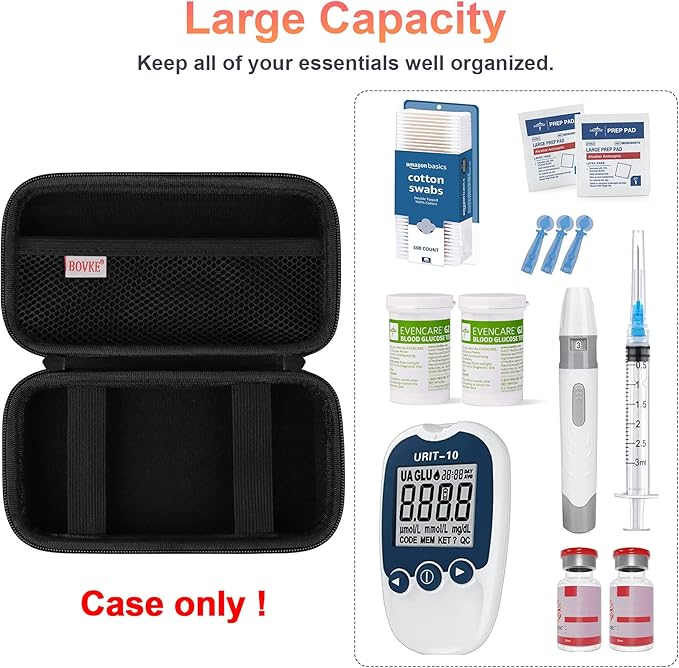 BOVKE Diabetic Supplies Case, Diabetes Travel Bag for Testing Kit, Blood Glucose Monitor Meters, Test Strips, Medication, Lancets, Needles, Syringes and Other Diabetic Supplies, Black