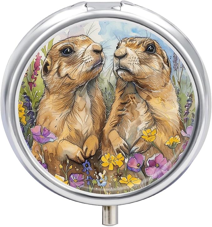 Two Prairie Dogs Pill Box Travel Pill Case for Purse Pocket Weekly Medicine Organizer with Mirror 3 Compartment Round Medicine Case Portable PillcaseHolder for Daily