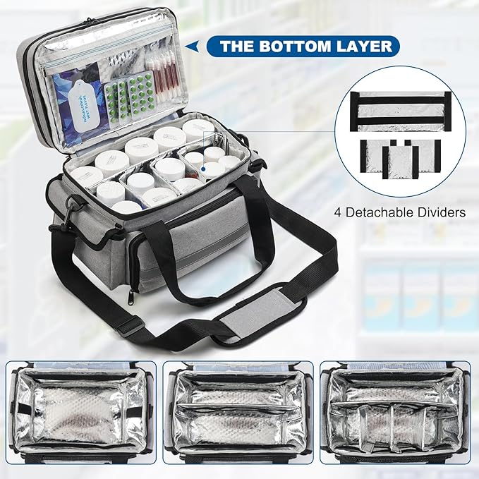 Medicine Organizer with Adjustable Divider, Double-Layer Medicine Bottle Organizer Storage, Portable Home Health First Aid Bag, Medicine Organizer Box for Emergency Medications (Bag Only)