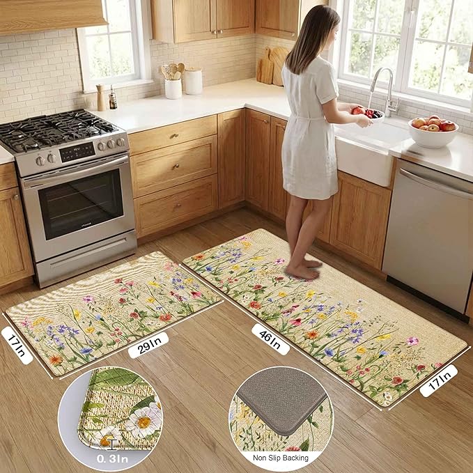 Kitchen Rug Mats for Floor Cushioned Anti Fatigue Floral Kitchen Rugs Sets of 2 Farmhouse Wildflowers Non Slip Waterproof Comfort Memory Foam Standing Floor Mat for Office Laundry Sink Desk