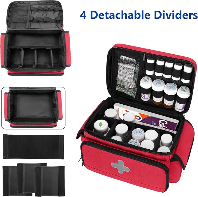 CURMIO Medicine Storage Bag Empty, Lockable Pill Bottle Organizer with Portable Zippered Pouches for First Aid Kits, Medicine Box for Home and Travel, Red (Patent Pending)