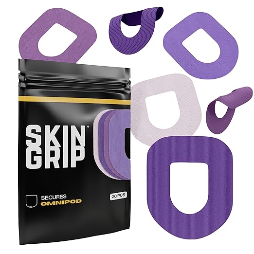 Skin Grip Insulet Omnipod 5 Adhesive Patches Waterproof & Sweatproof (Also Fits Omni pod Dash), Pre-Cut Medical Tape, Ultimate Insulin Pump Protection, Diabetic Sensor Covers, 20-Pack, Purple