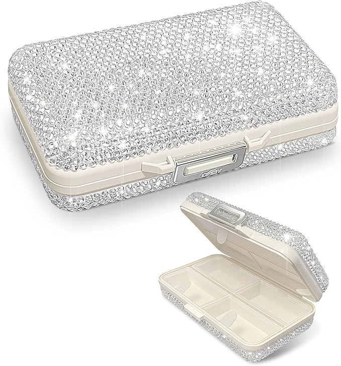 Yivaiks Bling Travel Pill Organizer Crystal Rhinestone 7 Compartments Portable Pill Case Daily Pill Box to Hold Vitamins Small Pill Container for Pocket Purse Medicine Organizer(White)