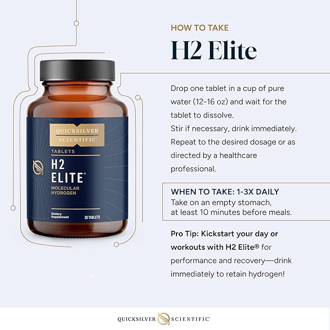 Quicksilver Scientific H2 Elite - Molecular Hydrogen for Energy + Metabolism Support, Water Tablets Perfect for Open Containers - Magnesium Malate Drink Additive (30 Molecular Hydrogen Tablets)
