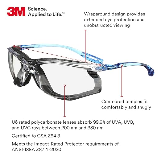 3M Safety Glasses, Virtua CCS, ANSI Z87, Anti-Fog, Indoor/Outdoor Mirrored Lens, Blue Frame, Corded Ear Plug Control System, Removable Foam Gasket, Pack of 1