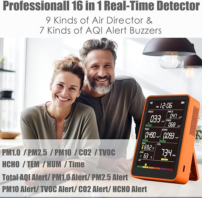 Professional Indoor Air Quality Monitor with AQI Alerts, Portable Real-Time Detector for Home, Car, Plants & Pet