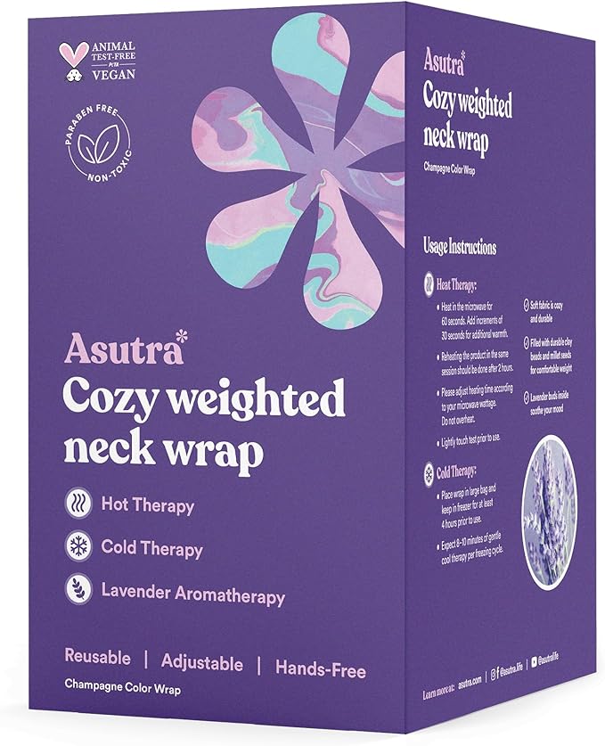 ASUTRA Weighted Neck Wrap, Champagne - Hands-Free Microwaveable Heating Pad for Neck and Shoulders, Hot and Cold Compress, Lavender Aromatherapy