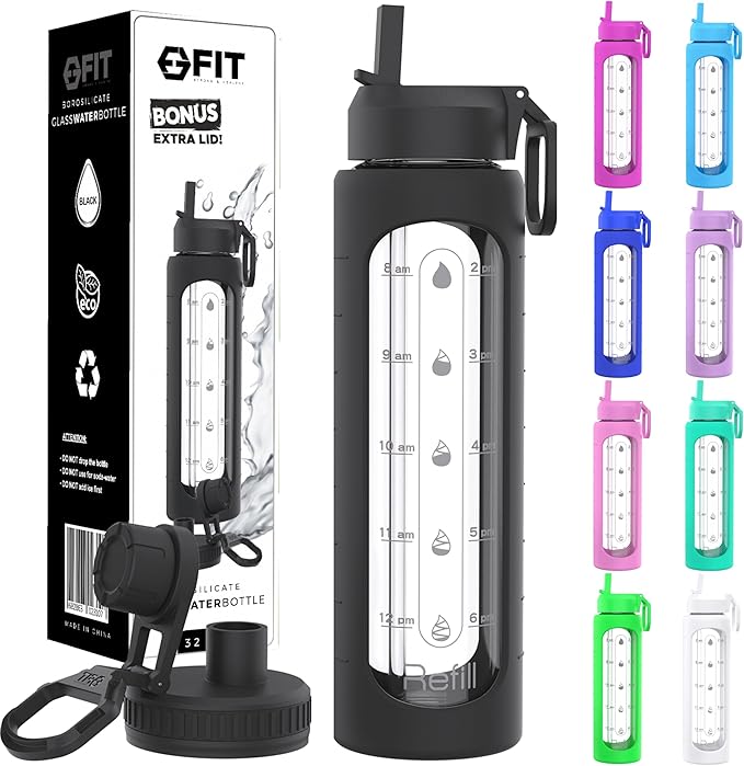 FIT Strong & Healthy 32 oz Glass Water Bottle with Straw Lid - Wide Mouth Borosilicate Glass Water Bottles with Time Marker, Silicone Sleeve & Extra Lid - 1L Large Motivational Drinking Bottle