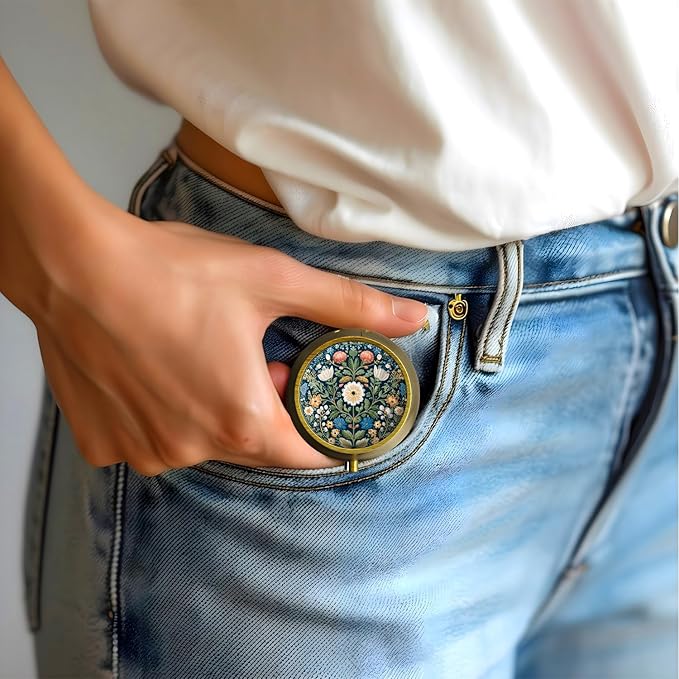 Small Pill Case Pill Box with Mirror Retro 3 Compartment Pill Holder for Purse or Pocket Bronze Portable Medicine Vitamin Container Fish Oil and Supplement Storage BPA-Free(Retro Plants)