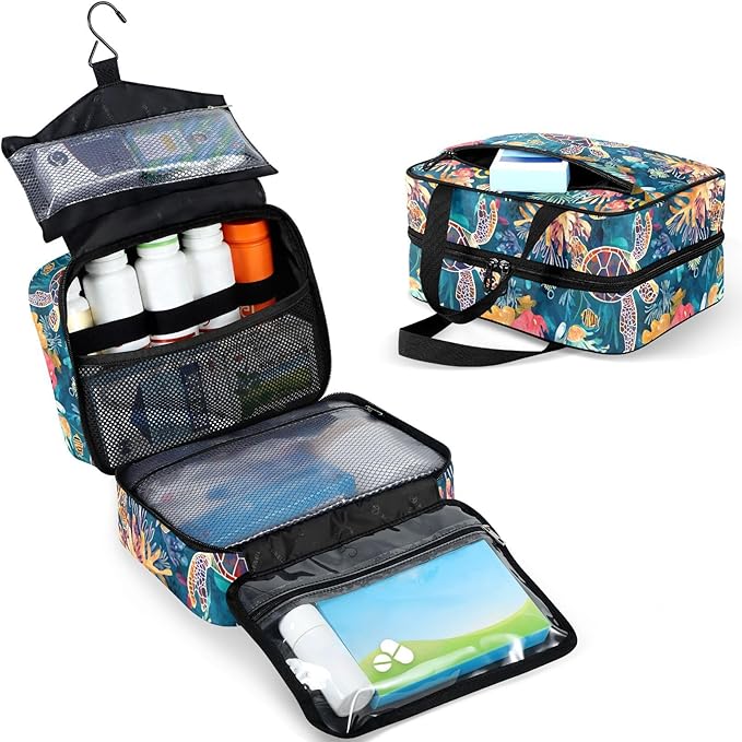 Fustylead Hand Draw Sea Turtle and Fish Coral Pill Organizer Bag Large Medicine Travel Carrying Case with Zipper for Vitamin Supplements Fish Oil, Empty First Aid Kit for Hiking Camping