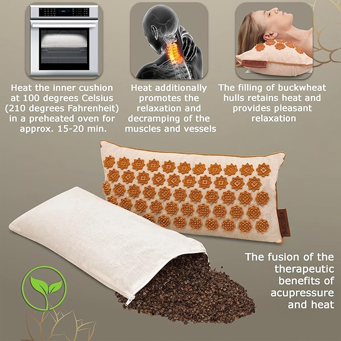 Glanzstück Berlin® Acupressure Mat Set Premium, Beginner Suitable, Made of Linen, Neck and Back Pain Relief, with Pillow (Heat Function) & Bag, Sustainable