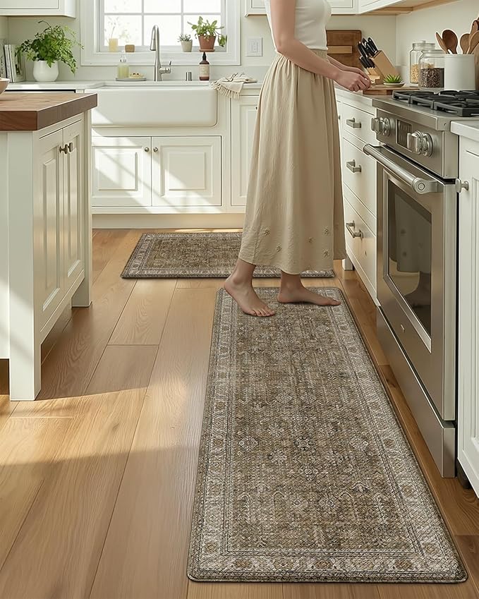 LUMI Anti-Fatigue Kitchen Floor Mats Set of 2,Cushioned Comfort Standing Rug Waterproof 2PCS, Non-Slip Ergonomic Foam Runner for Sink, Laundry, Office & Home,17x29+17x59,Tawny Echo