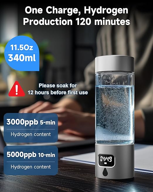 Hydrogen Water Bottle - Portable Rechargeable Water Bottle with LED Timer, Aluminum and Glass, 5000 PPB Hydrogen Production, Gift for Husband Wife Father Friend Client (Grey, 11.6Oz)