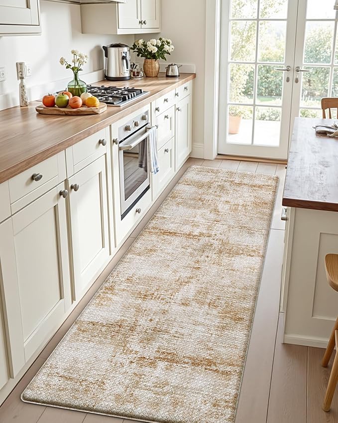 DEXI Kitchen Mats Cushioned Anti Fatigue, 23x59 Floor Padded Runner Rug Non Slip, Waterproof Standing Comfort Memory Foam for Front Sink Laundry, Light Brown