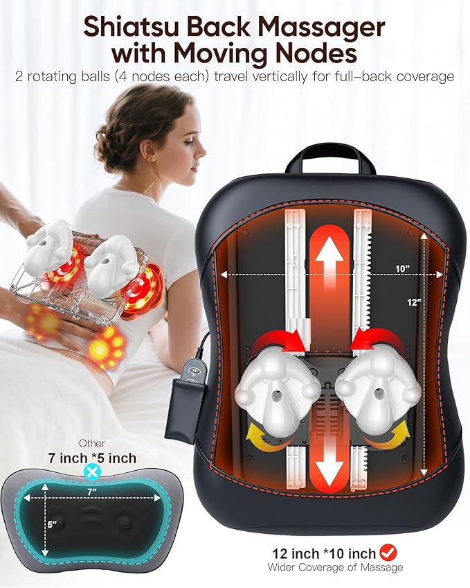 Shiatsu Back Massager with Heat : Up & Down Rolling Massage– Kneading Massager for Back Pain Relief Deep Tissue - Adjustable Intensity and Heat for Office Workers, Seniors, and Daily Comfort