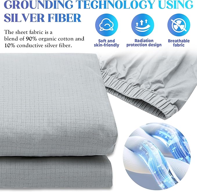 Calmbee Grounding Sheets Queen Size, 10% Pure Silver Fiber + 90% Organic Cotton, Grounding Sheet Earth Connected Bedding (Queen - 60"x 80"x 13" Gray) Fitted Earth Sheets with Grounding Cord