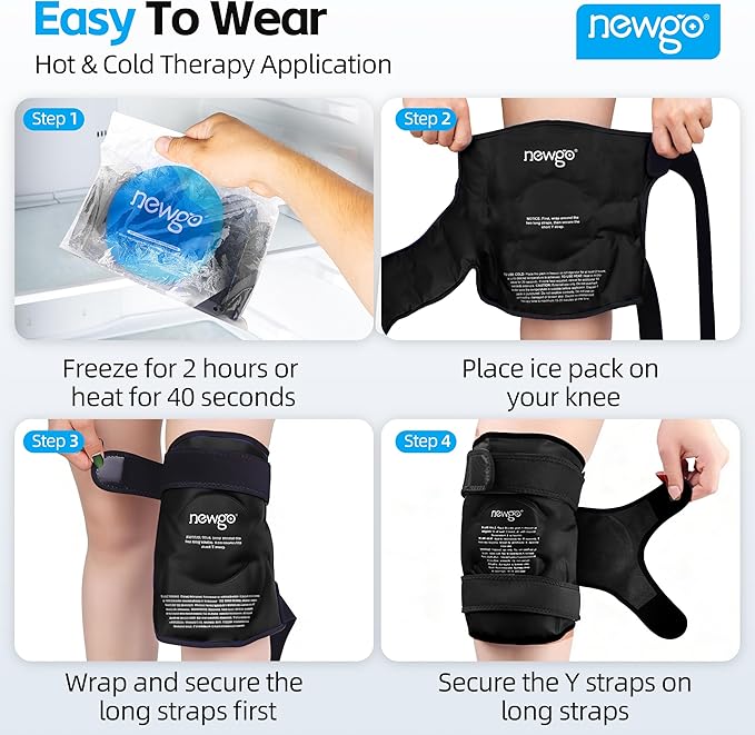 NEWGO Ice Pack for Knee Injuries Reusable, Knee Ice Pack Wrap Around Entire Knees for Replacement Surgery Recovery, Gel Cold Pack Wrap for Meniscus Tear, ACL, Swelling Pain Relief - Black