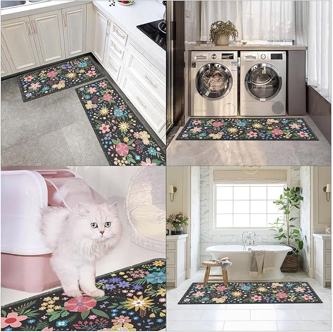 Arttown Flower Anti-Fatigue Kitchen Rug Set of 2 Floral Cushioned Floor Standing Mat Waterproof Non-Slip Mat and PVC Ergonomic Comfort Foam Rug