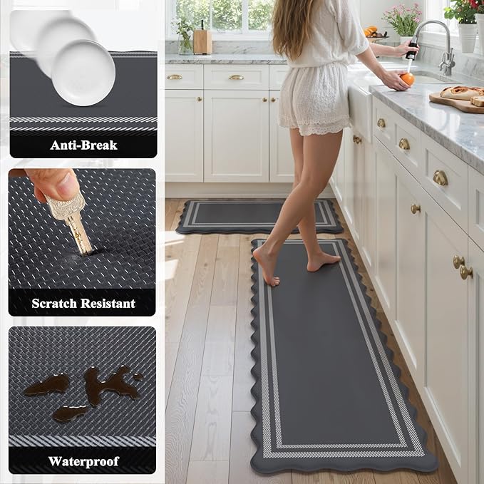 KIMODE Anti Fatigue Mats for Kitchen Floor 17"x59"+17"x29", Dark Grey Farmhouse Kitchen Rugs Sets of 2, Cushioned Kitchen Floor Mat Non Skid, Memory Foam Kitchen Mat for Laundry Office Sink Desk