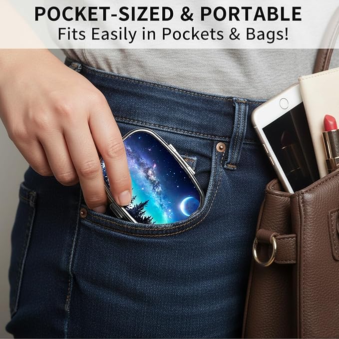 Square Pill Case Small Pill Box with Mirror Pocket 2 Compartment Vitamin Pill Medicine Case Organizer Pill Containers for Traveling Starry Sky Coniferous Forest Moon