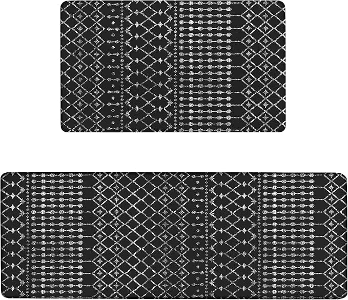 Anti Fatigue Kitchen Rugs Set of 2, Boho Kitchen Mats for Floor, Boho Kitchen Decor, Anti-Slip and Anti-Fatigue Foam Standing Mat,17x30 inch Sink Mat+17x48 inch Runner Rug Black