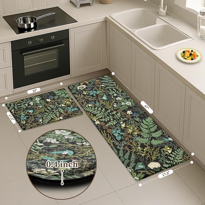 Arttown Kitchen Mats for Floor 2Pcs-Anti Fatigue Non Slip Mats for Kitchen Floor, Cushioned Waterproof & Stain-Resistant Plant Floral Mat Set, Laundry Room, Office, Sink, Desk (Green)