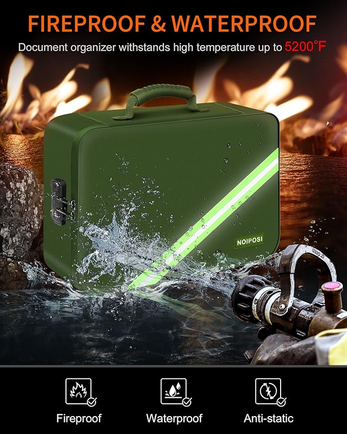 Noiposi Document Organizer with 5200℉ Heat Insulated,16.1"x11.4"x4.3" Waterproof and Fireproof Document Box,Portable Home Travel Safe Storage Box for Important Documents and File,Green