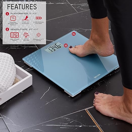 Taylor Digital Glass Bathroom Scale for Body Weight, Durable Platform, Digital Weighing Machine for People, Easy-to-Read Display, 350 lb Capacity, Slate Blue
