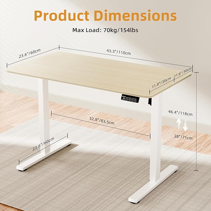 ERGOMAKER Electric Standing Desk, 43.3" x 23.6" Height Adjustable Sit Stand Desk with Splice Board for Home Office, Computer Desk Memory Preset (White Frame, Gold Oak Desktop)