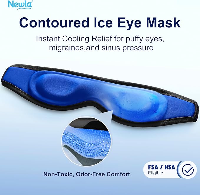 Cooling Gel Eye Mask, Contoured Cold Compress for Eyes, Reusable Cold Eye Mask for Puffy Eyes, Tired Eyes & Eye Strain, Flexible Solid Gel, Eye Care, Adjustable Strap, Fsa Eligible Items Hsa (Black)