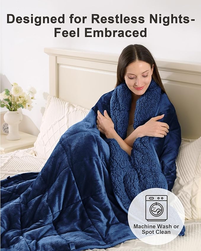 Ultra-Soft Weighted Blanket 15 lbs for Adults, Plush Sherpa Fleece Reversible Weighted Throw Comfort for Relaxation & Cozy Evenings, Hug-Like Security, Evenly Distributed, W60 x L80, Dark Blue