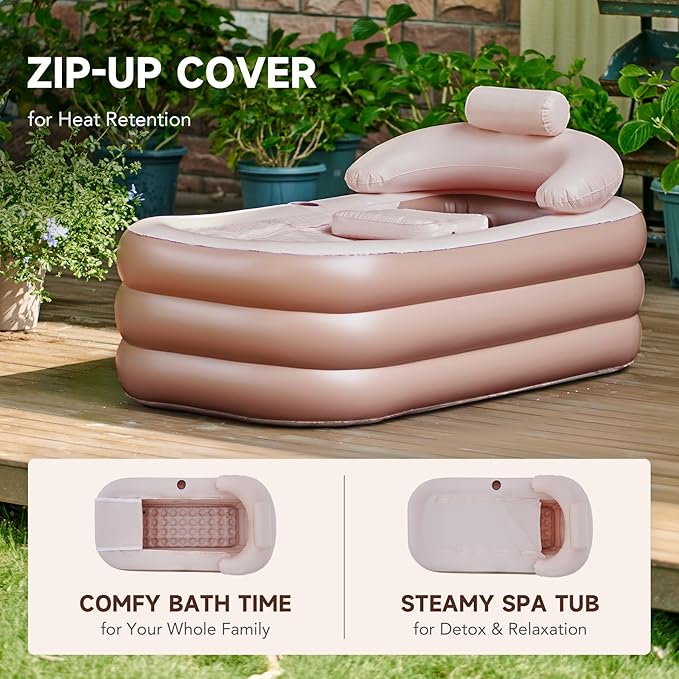 CO-Z Inflatable Bathtub with Electric Air Pump and Bath Pillow Headrest, Portable Blow Up Bath Tub for Adults, Outdoor & Indoor Freestanding Foldable Spa Tub with Cover Drainage Cup Holder,Brown