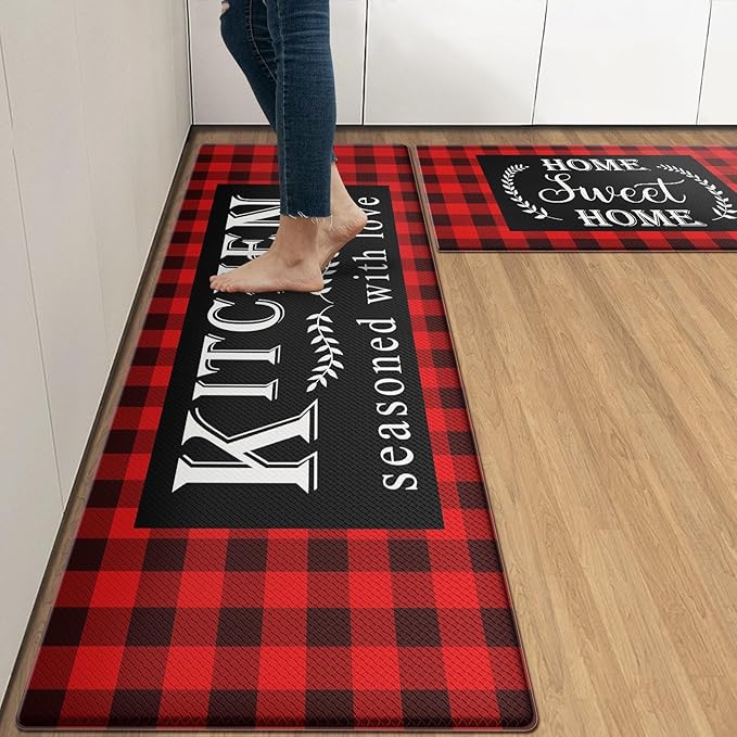 Arttown Black Red Anti-Fatigue Kitchen Rug Set of 2 Buffalo Plaid Cushioned Floor Standing Mat Waterproof Non-Slip Mat and PVC Ergonomic Comfort Foam Rug