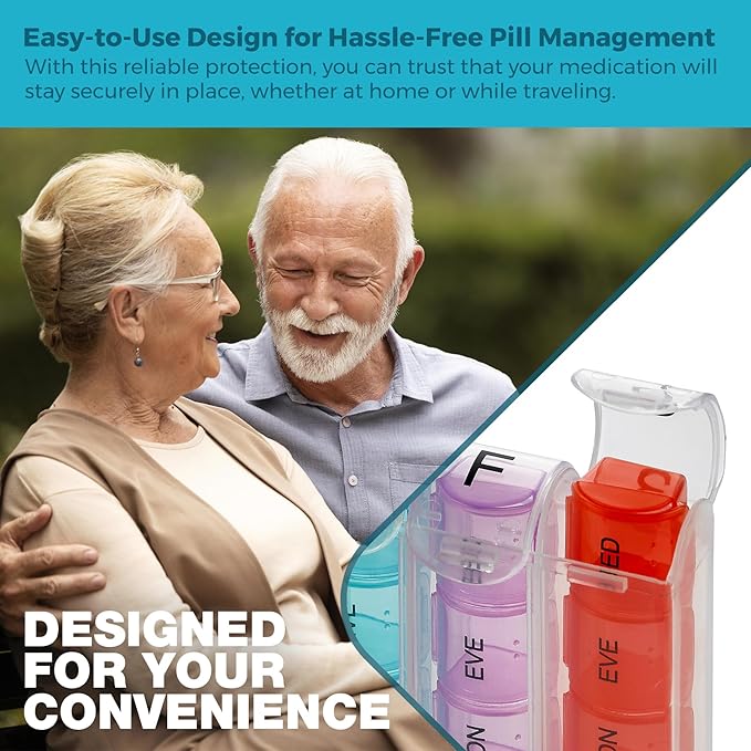 Weekly Pill Organizer - (Pack of 2) Pill Planners for Pills & Vitamins Each Day Week, Four Times-a-Day Medication Reminder, Easy to Read AM/PM Compartments Monday to Sunday for Travel & Purse