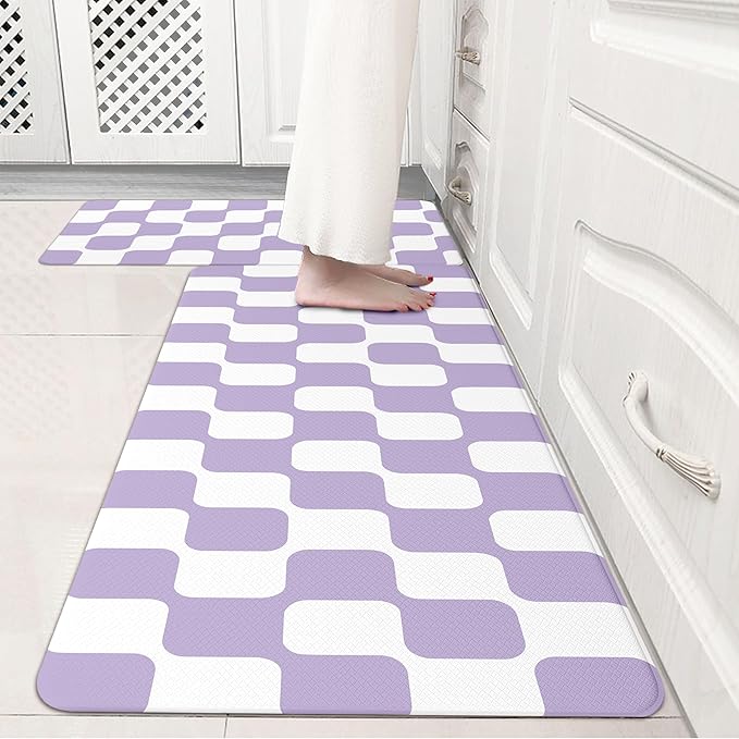 Modern Purple Retro Curvy Checkered Grid Checkerboard Kitchen Rug Sets [2 PCs], Anti-Fatigue, Waterproof Non-Slip Kitchen Mats Heavy Duty Comfort Foam Rug for Floor, Home, Laundry,17"x29"+17"x47"