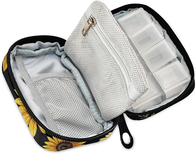 Kigai Sunflower Pill Case Weekly Pill Box Portable Travel Pill Bag Organizer with Zipper for Vitamins, Medication and Supplements