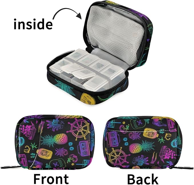 Neon Ships Pineapple Skull Black Travel Pill Organizer Case Box Container Weekly Portable Vitamin Medicine Holder Storage Bag with Zipper Removable