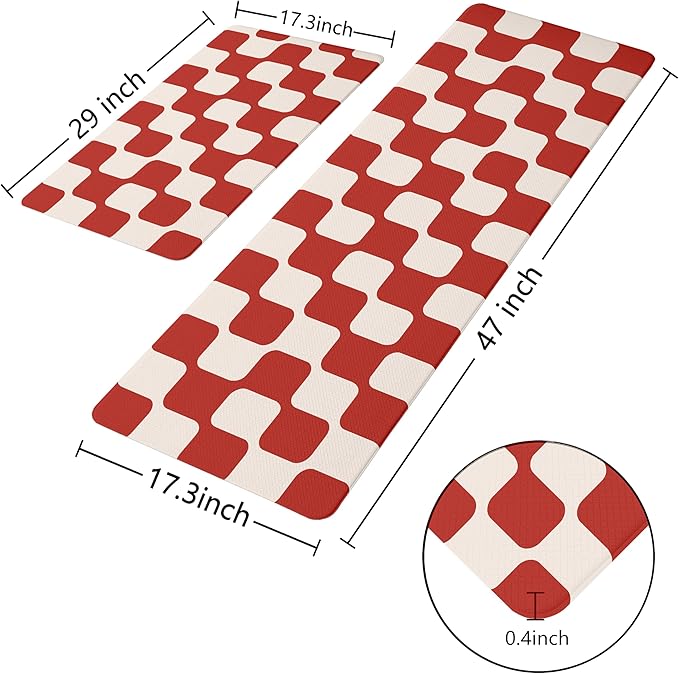 Red Beige Retro Curvy Checkered Grid Checkerboard Kitchen Rug Sets [2 PCs], Anti-Fatigue, Waterproof Non-Slip Kitchen Mats Heavy Duty Comfort Foam Rug for Floor, Home, Laundry,17"x29"+17"x47"